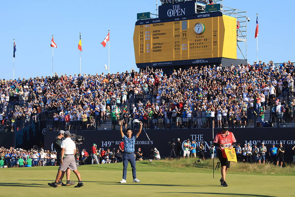 Collin Morikawa celebrates winning The 149th Open